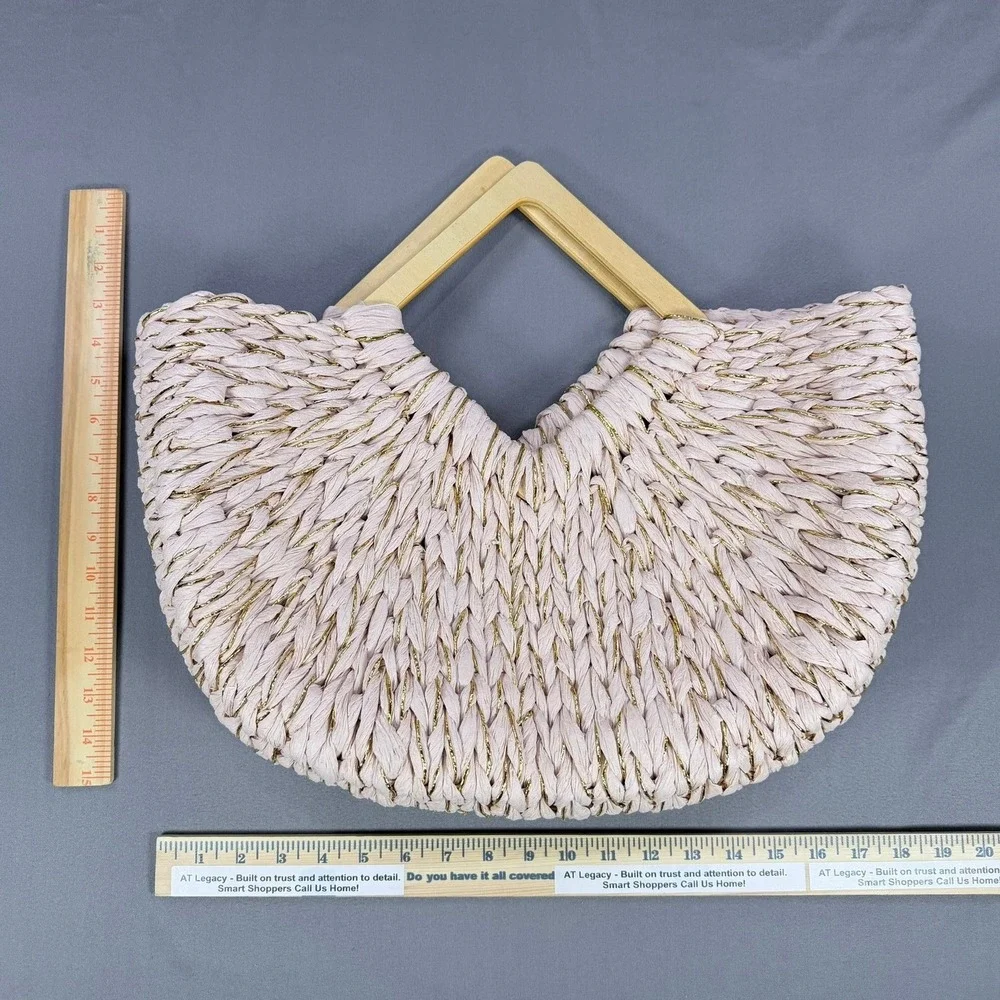 Woven Straw Handbag Womens Pink‎ Gold Metallic Wood Handle Beach Tote